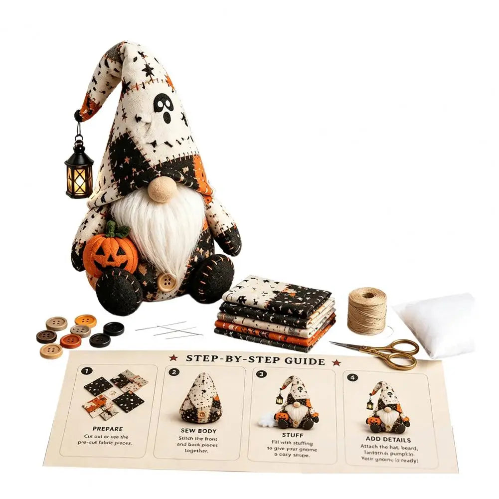Halloween Gnome DIY Sewing Kit – Witch, Pumpkin & Gnome Doll Patchwork | Pre-Cut Fabric & Supplies Included