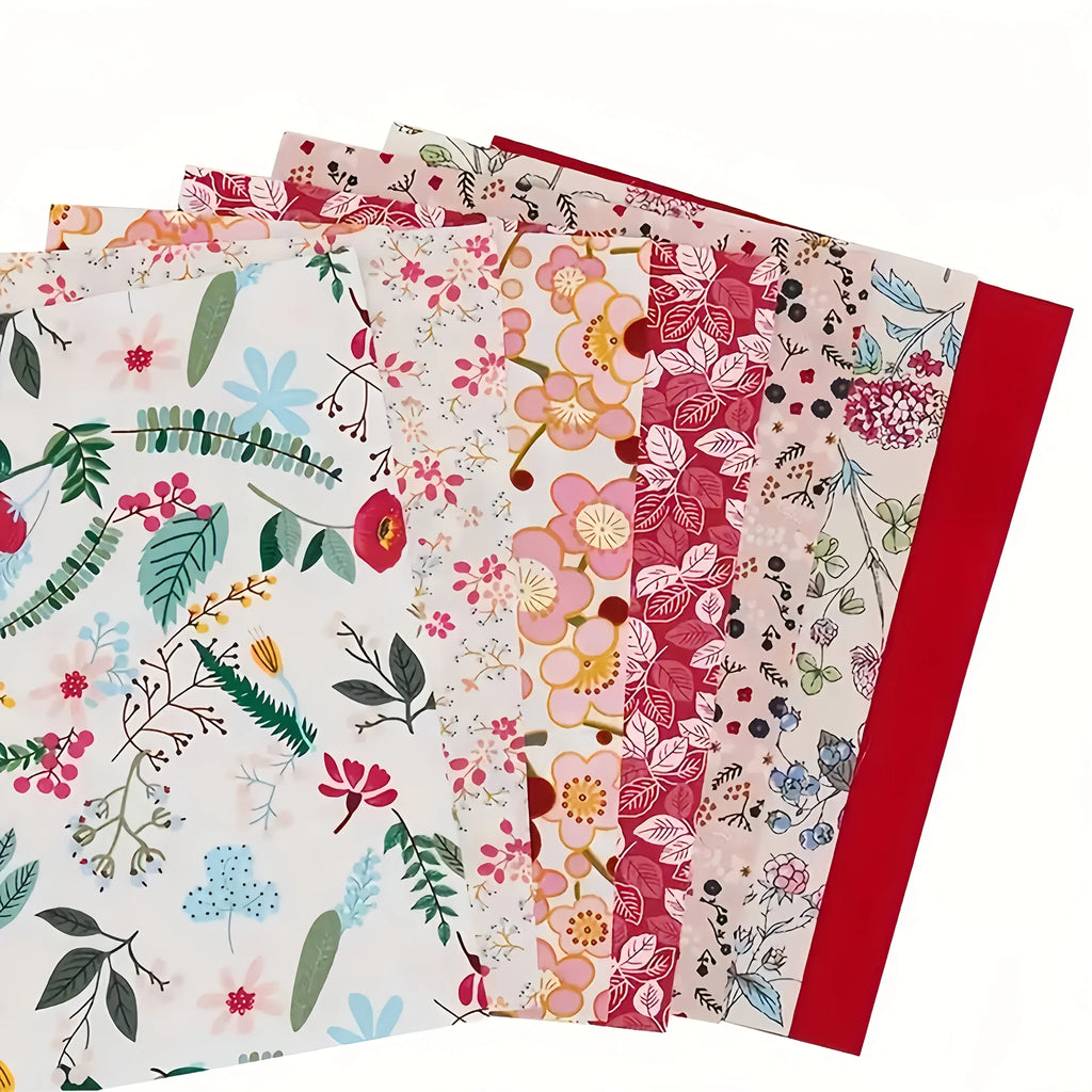 7-Piece Red Floral Cotton Patchwork Fabric Bundle