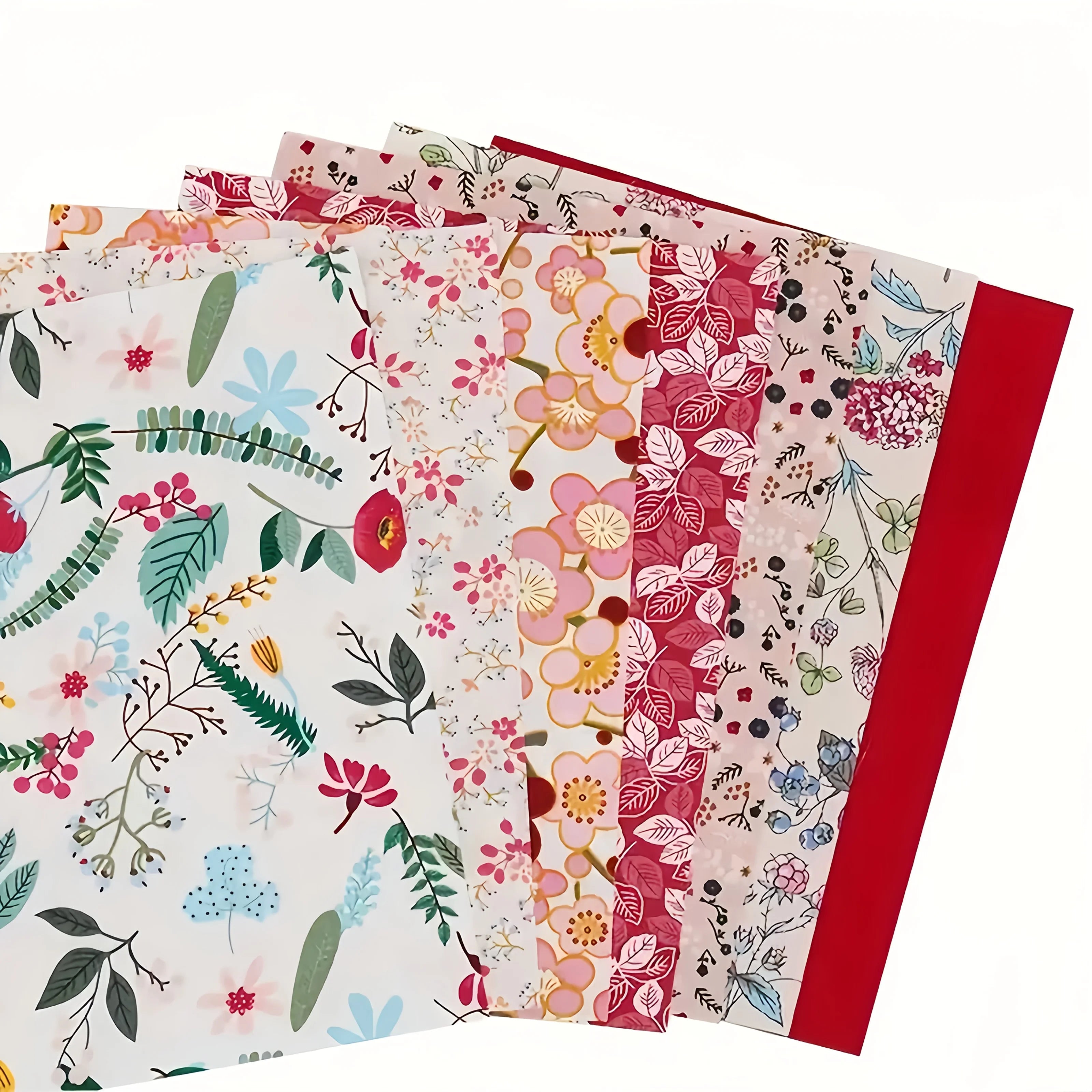 7-Piece Red Floral Cotton Patchwork Fabric Bundle