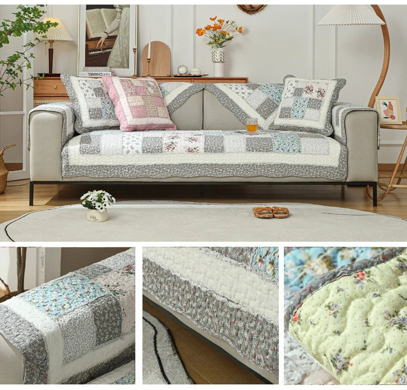 100% Cotton Quilted Sofa Cover – Anti-Slip Patchwork Floral Slipcover