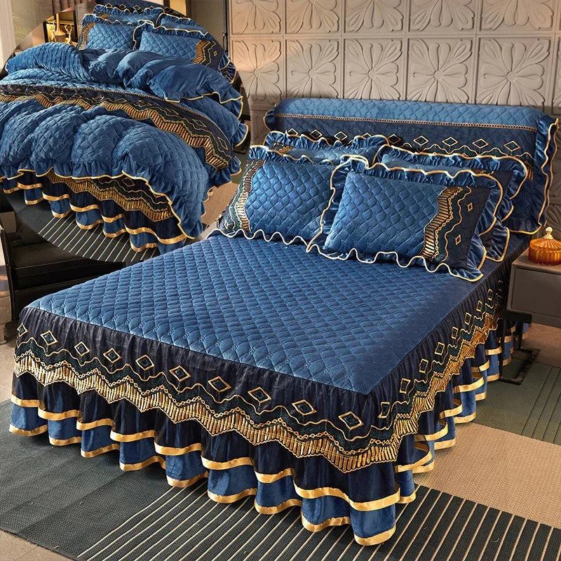 Luxury Crystal Velvet Quilted Bedspread – King & Queen Flannel Bed Skirt