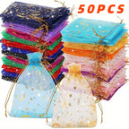 Bolsas de Regalo de Organza con Cordón de Luna y Estrellas – Paquete de 50 Bolsas de Recuerdos Multicolor | 4 Tamaños