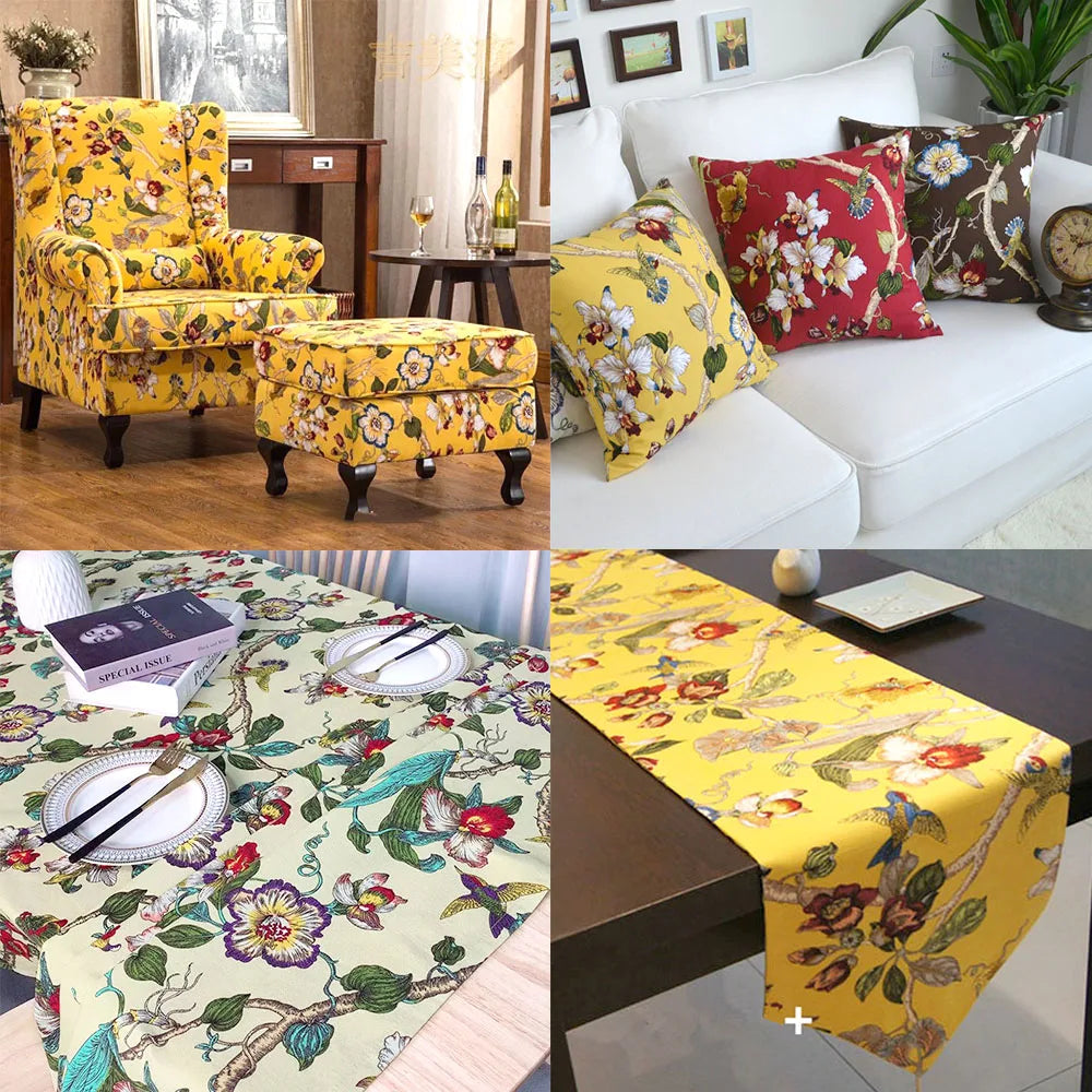Floral & Bird Print Linen Cotton Fabric – Quilting, Patchwork & Home Décor (145cm Wide)