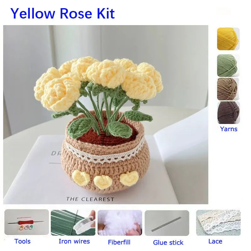 DIY Crochet Flower Bouquet Kit – Beginner Wool Knitting Set | Roses, Sunflowers & Mixed Blooms