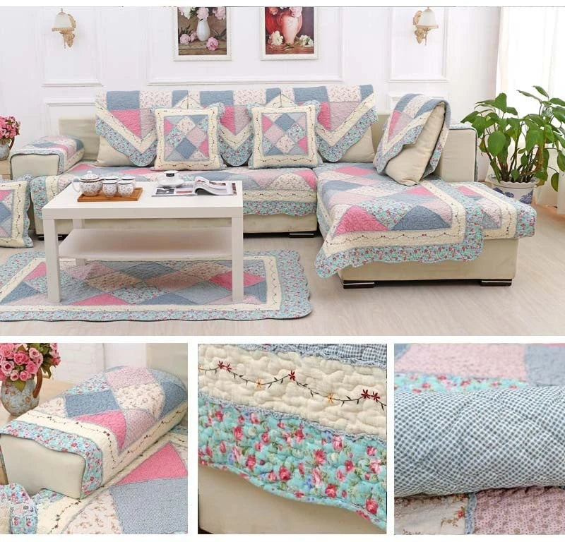 100% Cotton Quilted Sofa Cover – Anti-Slip Patchwork Floral Slipcover