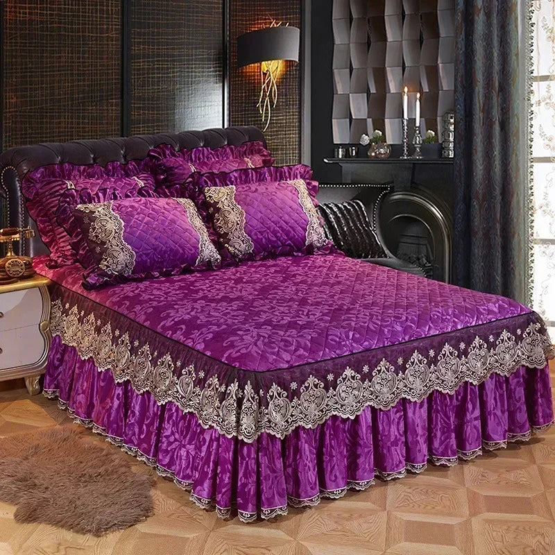 Lace Plush Quilted Bed Skirt – European Style Anti-Slip Mattress Cover | 45 cm Drop