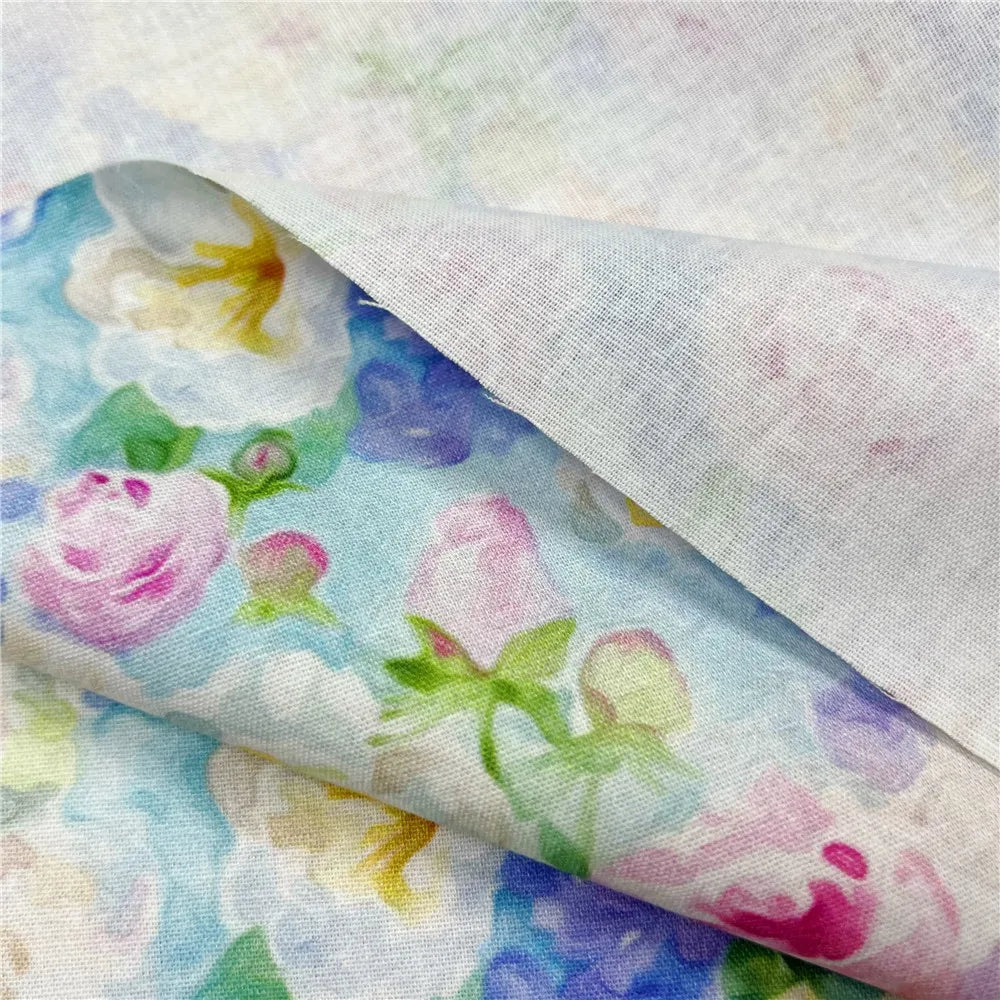 Watercolor Floral Print Cotton Fabric – Retro Oil Painting Style, 180 g/m, 110 cm Wide