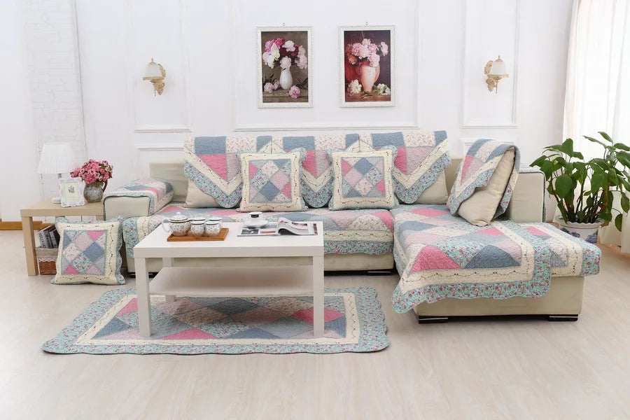 100% Cotton Quilted Sofa Cover – Anti-Slip Patchwork Floral Slipcover