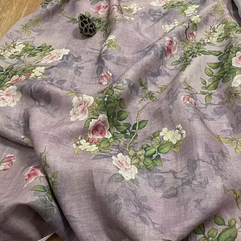Purple Floral Print 100% Ramie Fabric | 138cm Wide | Summer Sewing & Quilting