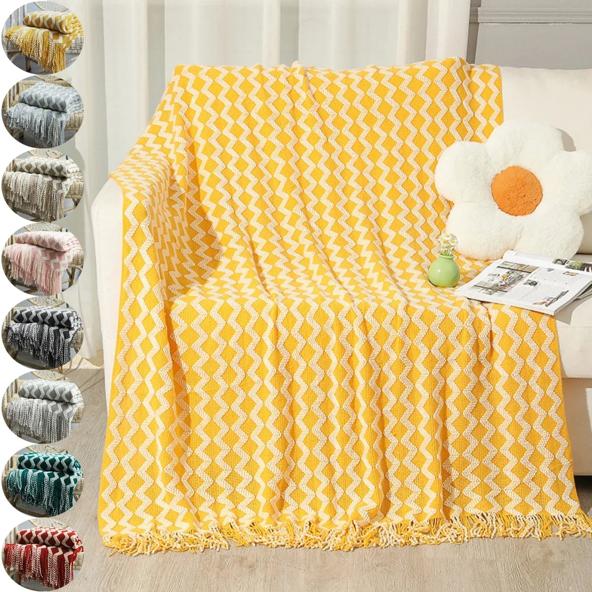 Manta nórdica de punto con borlas — Suave funda acrílica para sofá y cama disponible en 8 colores