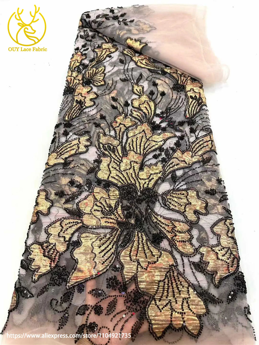 Tela de encaje bordado con cuentas de jacquard africano 2026, tul francés, tela de encaje con lentejuelas para vestido de novia de mujer, material de costura
