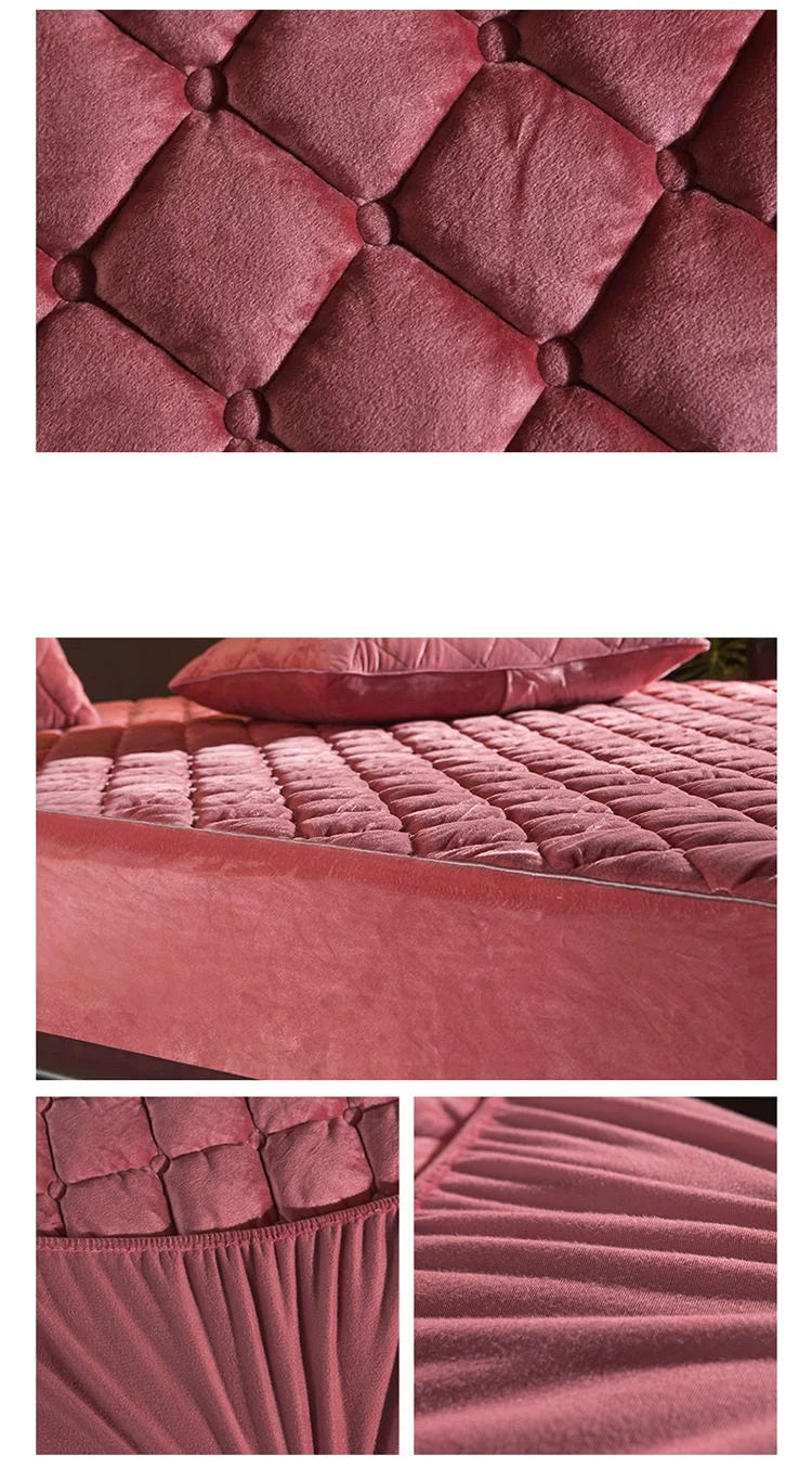 Plush Crystal Velvet Quilted Mattress Cover – Warm Thick Fitted Sheet, King & Queen