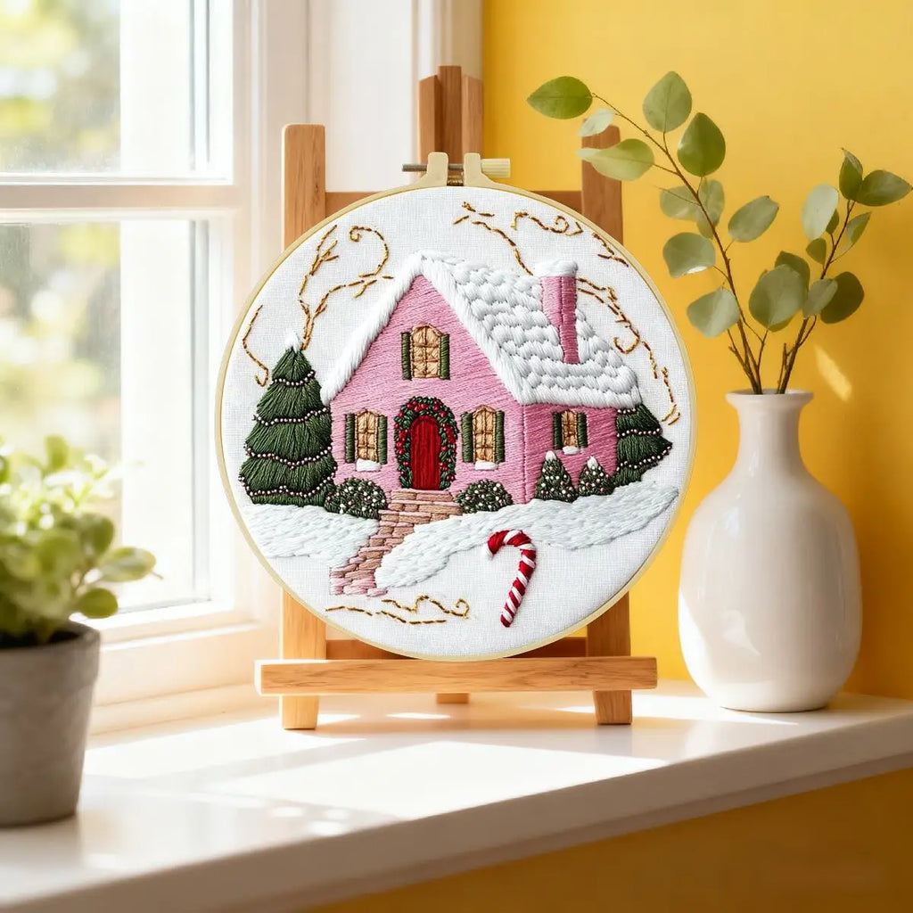 Pink House Embroidery Starter Kit – DIY Needle Art | 15x15cm or 20x20cm