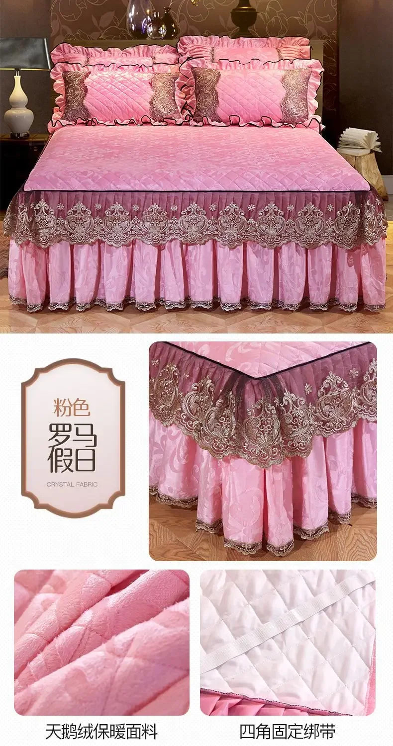 Lace Plush Quilted Bed Skirt – European Style Anti-Slip Mattress Cover | 45 cm Drop