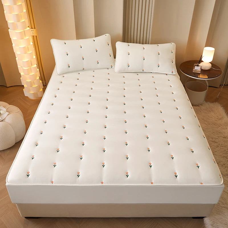 Super Thick Quilted Embroidered Mattress Pad Cover – Single, Queen & King Sizes