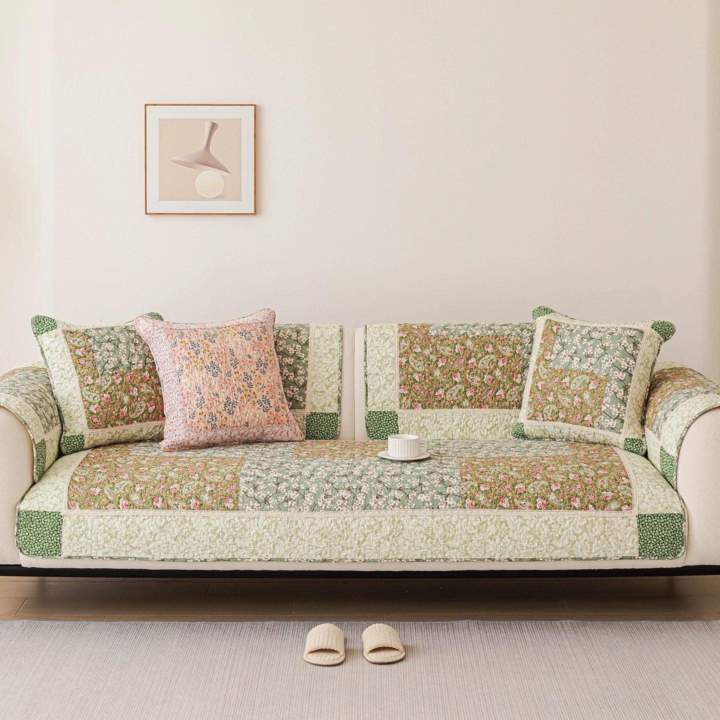 100% Cotton Quilted Sofa Cover – Anti-Slip Patchwork Floral Slipcover