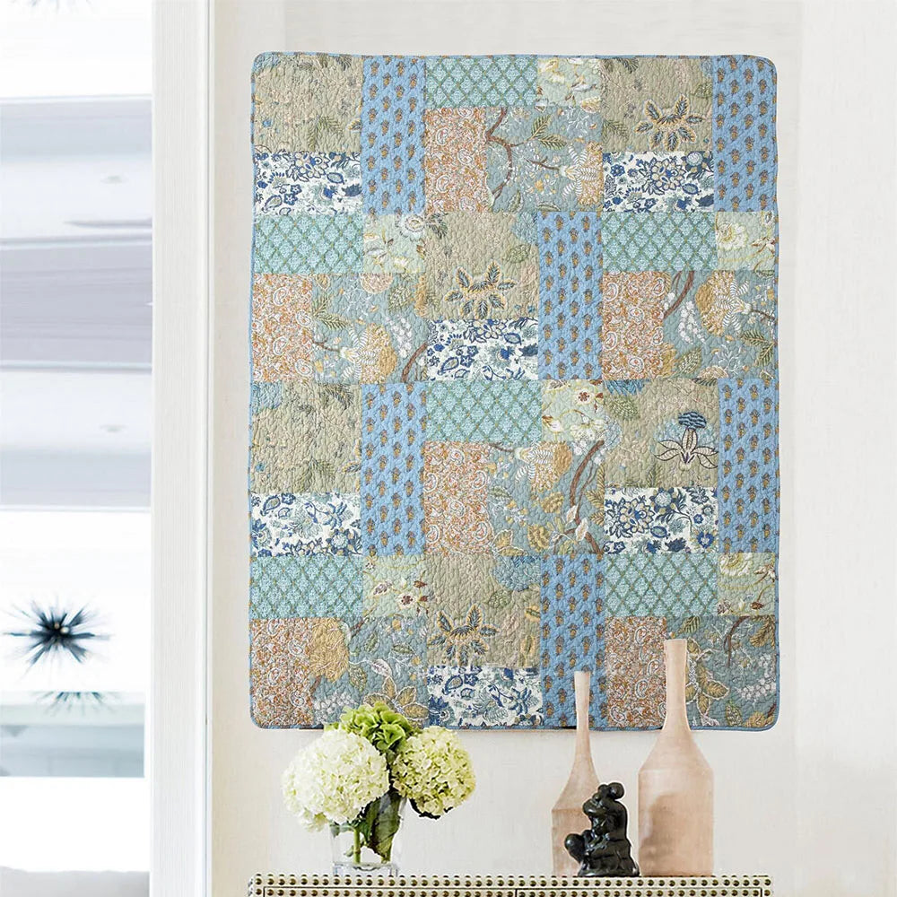 CHAUSUB Handmade Patchwork Cotton Quilt – Floral Print Bedspread, Twin to Super King