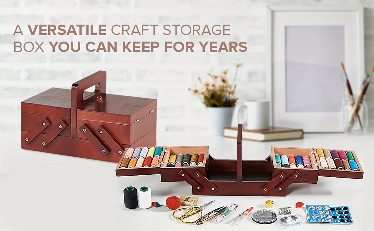 Wooden Expandable Sewing Box with Handle