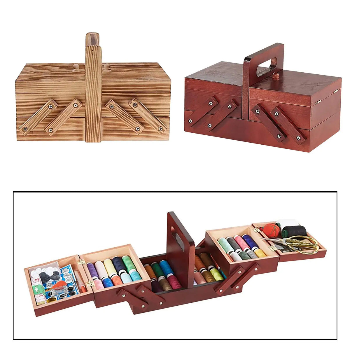 Costurero de Madera con 2 Niveles, 6 Compartimentos, Tapa y Asa