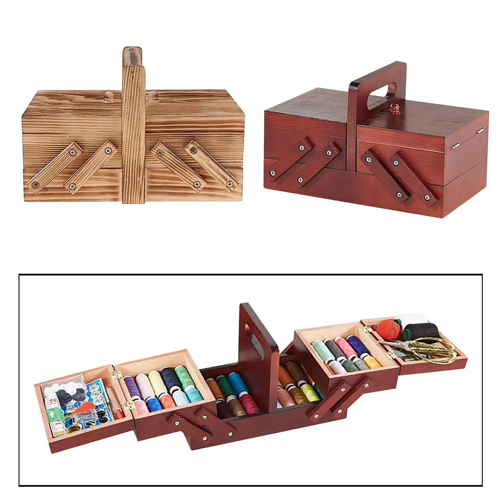 Costurero de Madera con 2 Niveles, 6 Compartimentos, Tapa y Asa