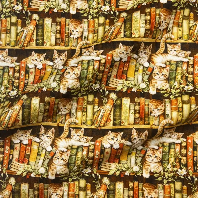 Bookshelf Cats & Flowers Cotton Fabric – Retro Patchwork Print, 145cm Wide, Sold by the Meter