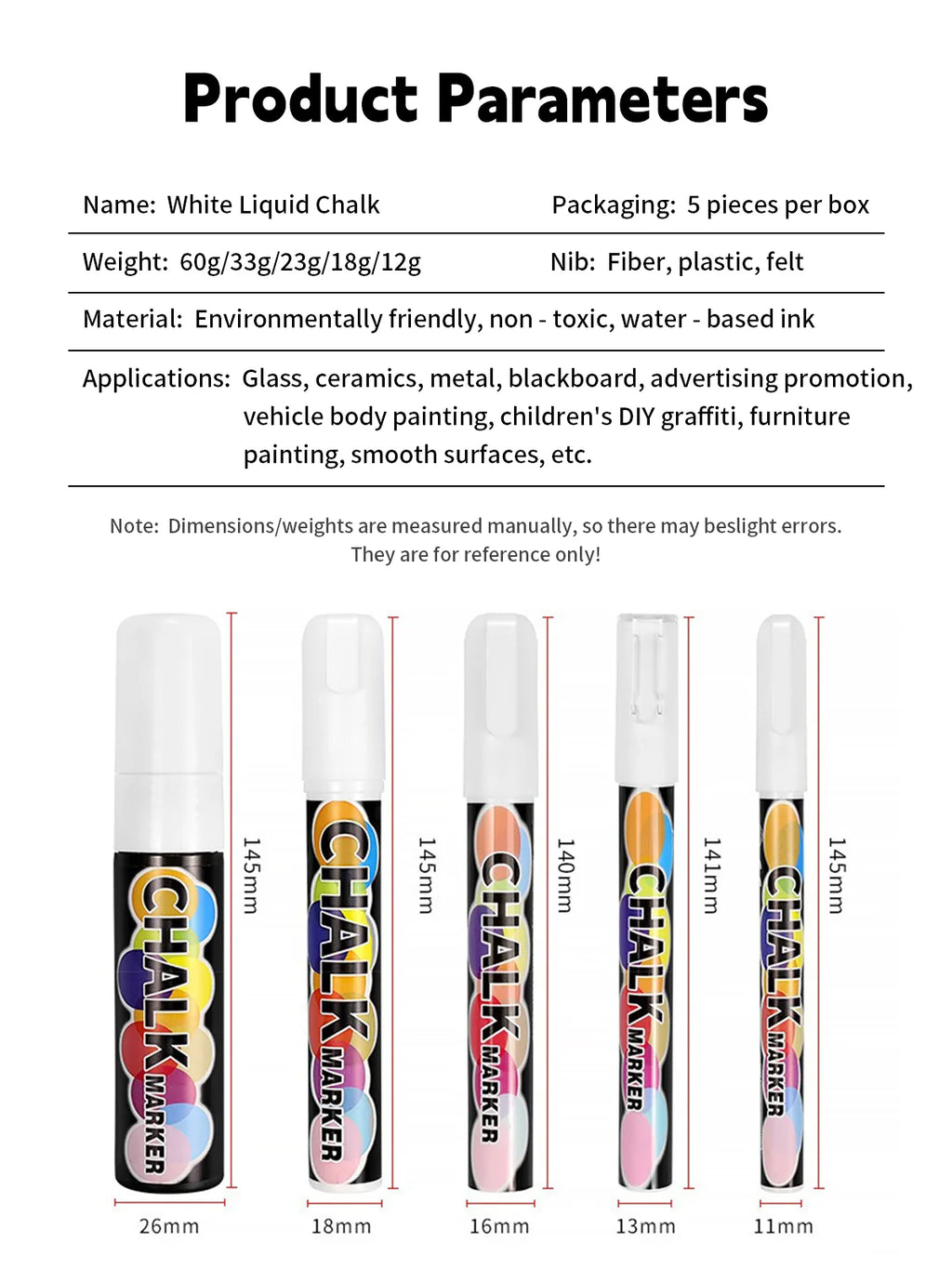 White Liquid Chalk Marker Pen – Erasable, Water-Based, 5 Tip Sizes