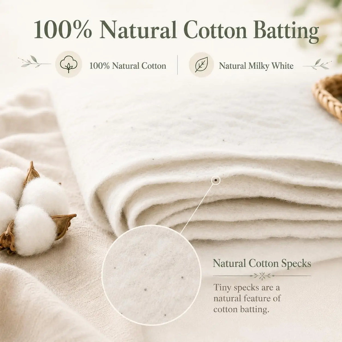 Natural Cotton Quilt Batting – 47 × 59 in, Choice of Weight