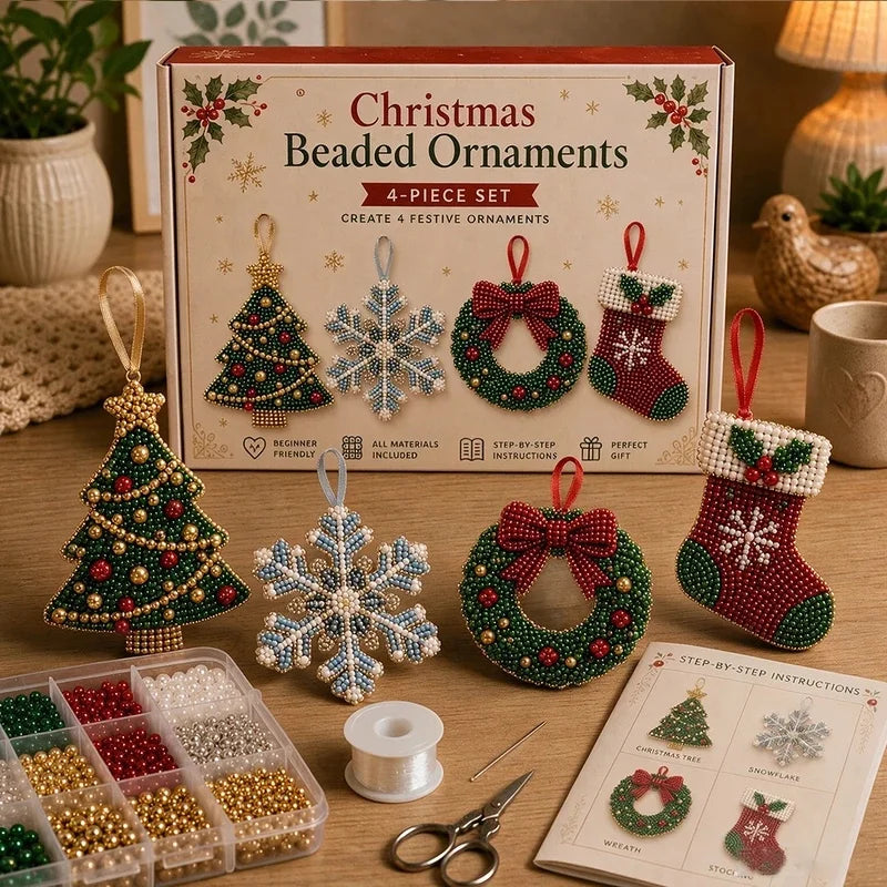 Christmas Beaded Ornaments DIY Kit, 4Pcs Handmade Beading Set, Xmas Tree, Snowflake, Wreath & Stocking, Holiday Craft Gift