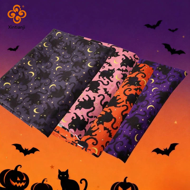 Halloween Bat & Black Cat Print Fabric — 100% Polyester | 0.5, 1 & 2 Meter Cuts