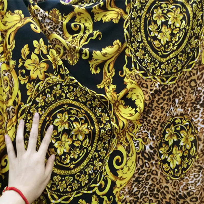 Yellow Leopard & African Flower Print Stretch Knit Fabric – 4-Way Elastic, 150 cm Wide