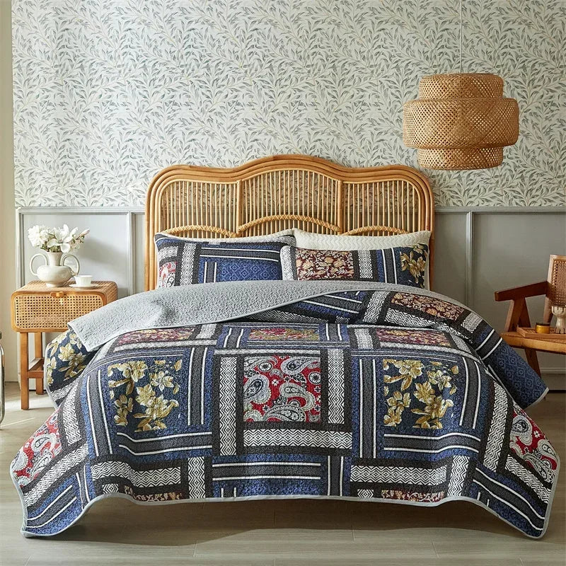 3-Piece Cotton Quilted Bedspread Set – Soft Pastoral Print | Bedsheet & 2 Pillowcases | 4 Sizes, 6 Colors