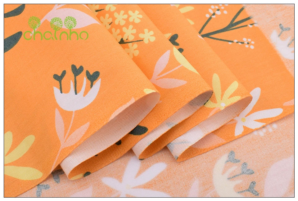 Orange Floral Series Printed Twill Cotton Fabric – 40s Weight