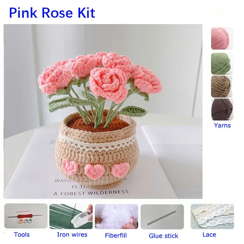 Kit de ganchillo para tejer rosas, ramo de flores hecho a mano, bricolaje, bolsa de material de ganchillo de lana, regalo creativo para parejas y novias, principiantes