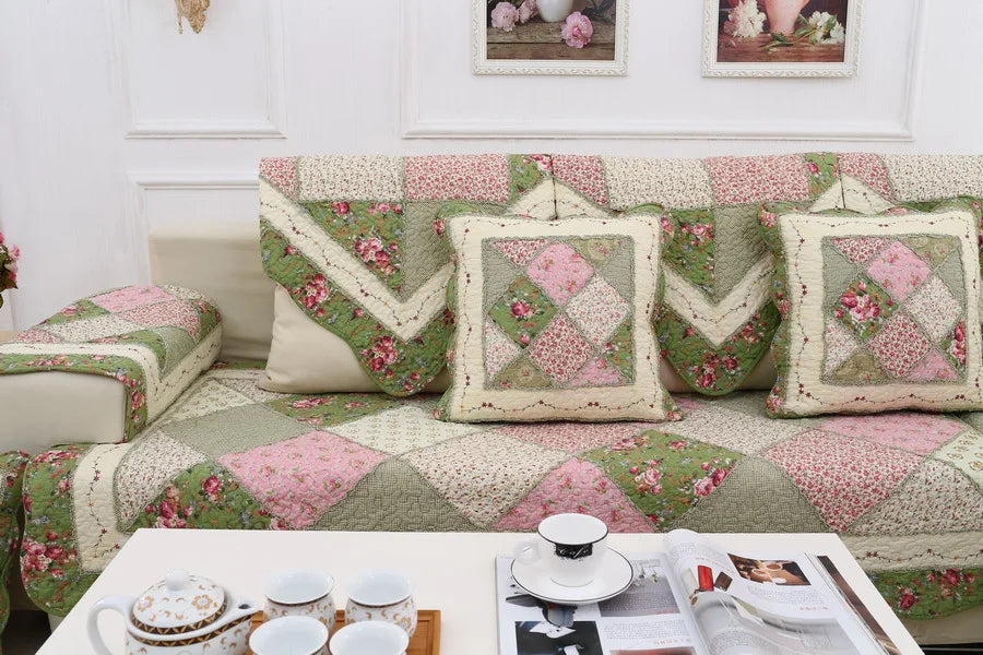 100% Cotton Quilted Sofa Cover – Anti-Slip Patchwork Floral Slipcover