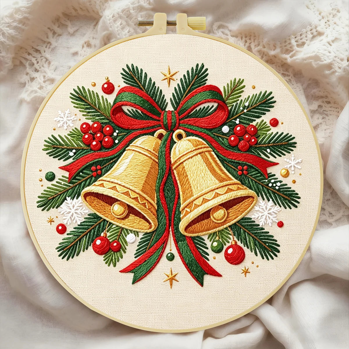 Christmas Bells Embroidery Kit – Beginner Holiday Needlework | 20x20cm