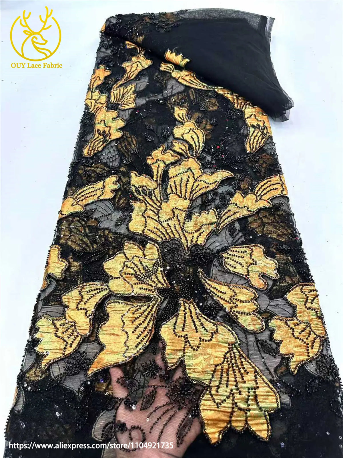 African Jacquard Beaded Embroidery Lace Fabric – Sequin Tulle, 120cm Wide, 5 Yards