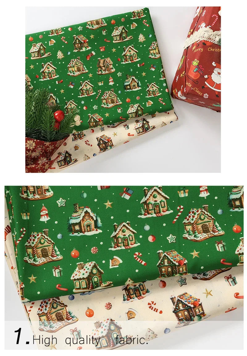 Tela estampada de pan de jengibre navideño y festivo – 100% poliéster, 150 cm de ancho