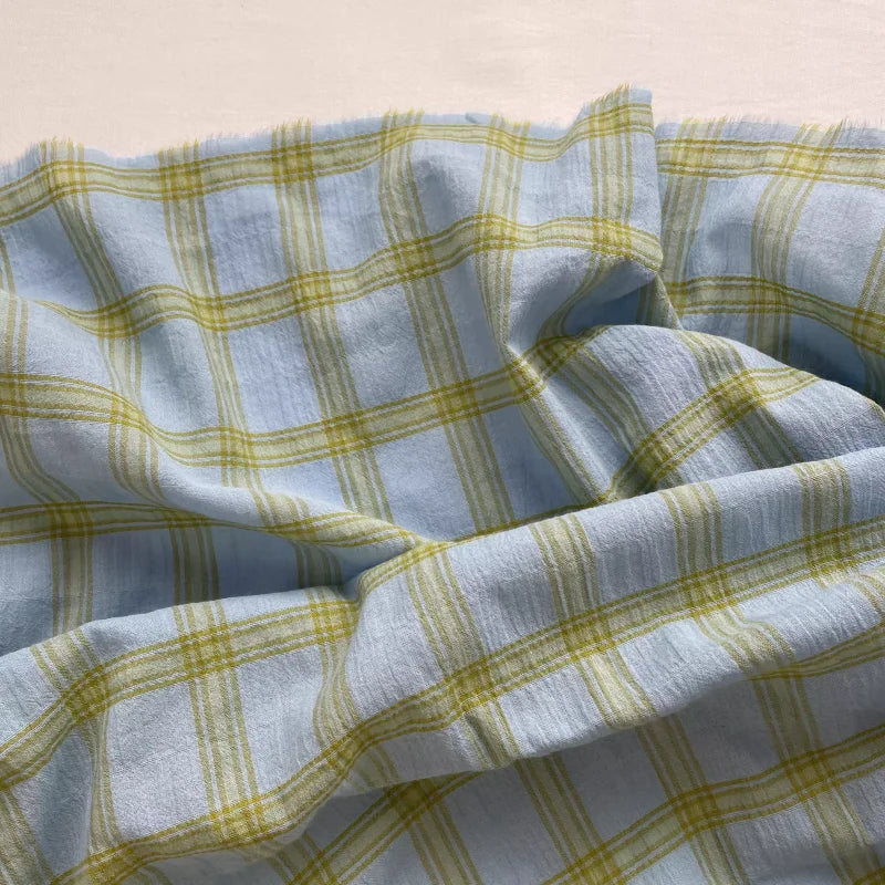 Blue & Green Mixed Check Wrinkled 100% Cotton Fabric — 135cm Wide