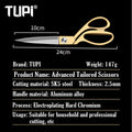 TUPI Professional Tailor Scissors – 24cm SK5 Steel, Ergonomic Bent Handle, Gold