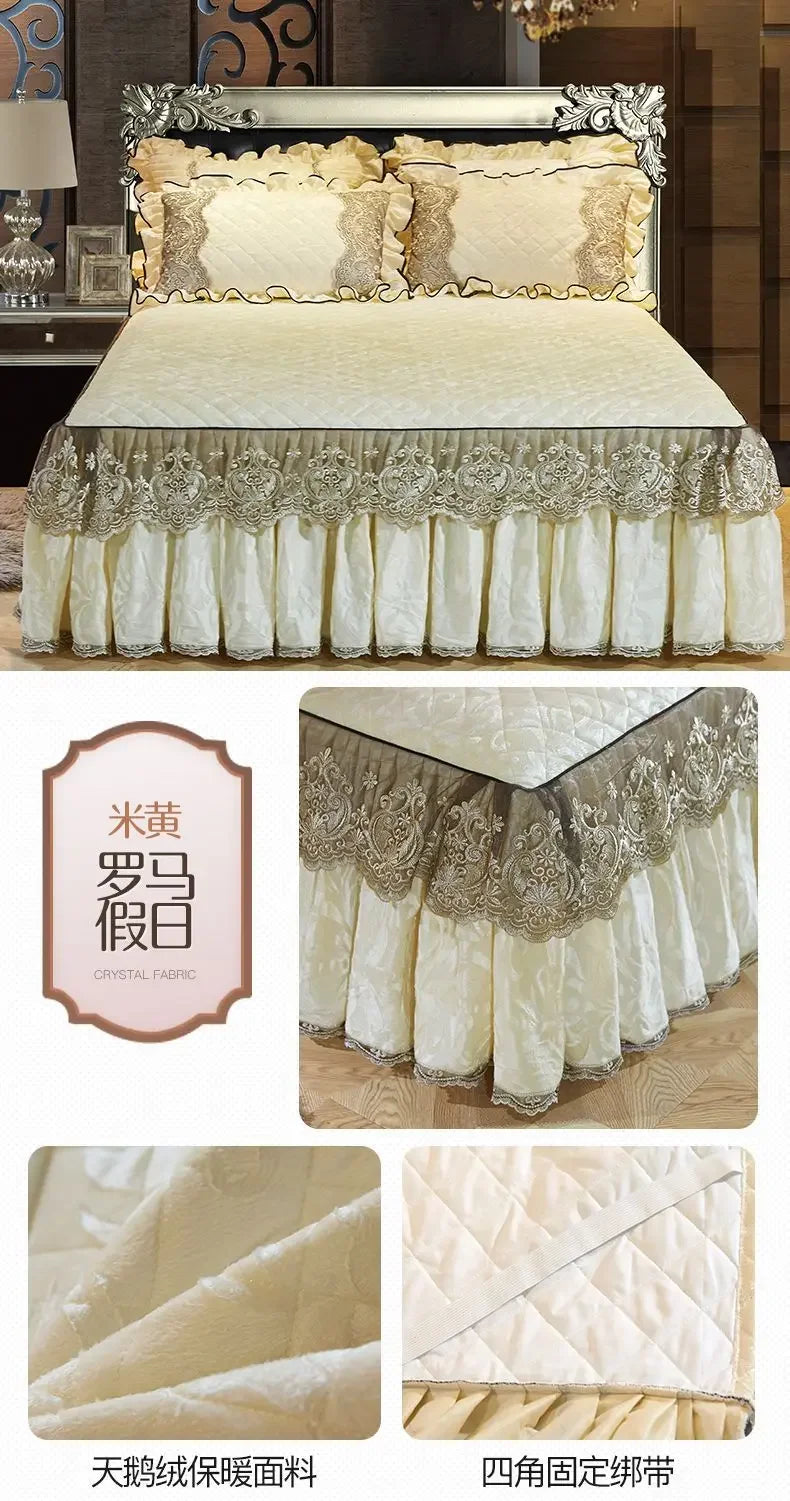 Lace Plush Quilted Bed Skirt – European Style Anti-Slip Mattress Cover | 45 cm Drop