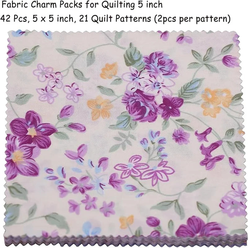 42-Piece Pre-Cut Quilting Fabric Squares – Purple Floral Patchwork 5" (12.7cm)