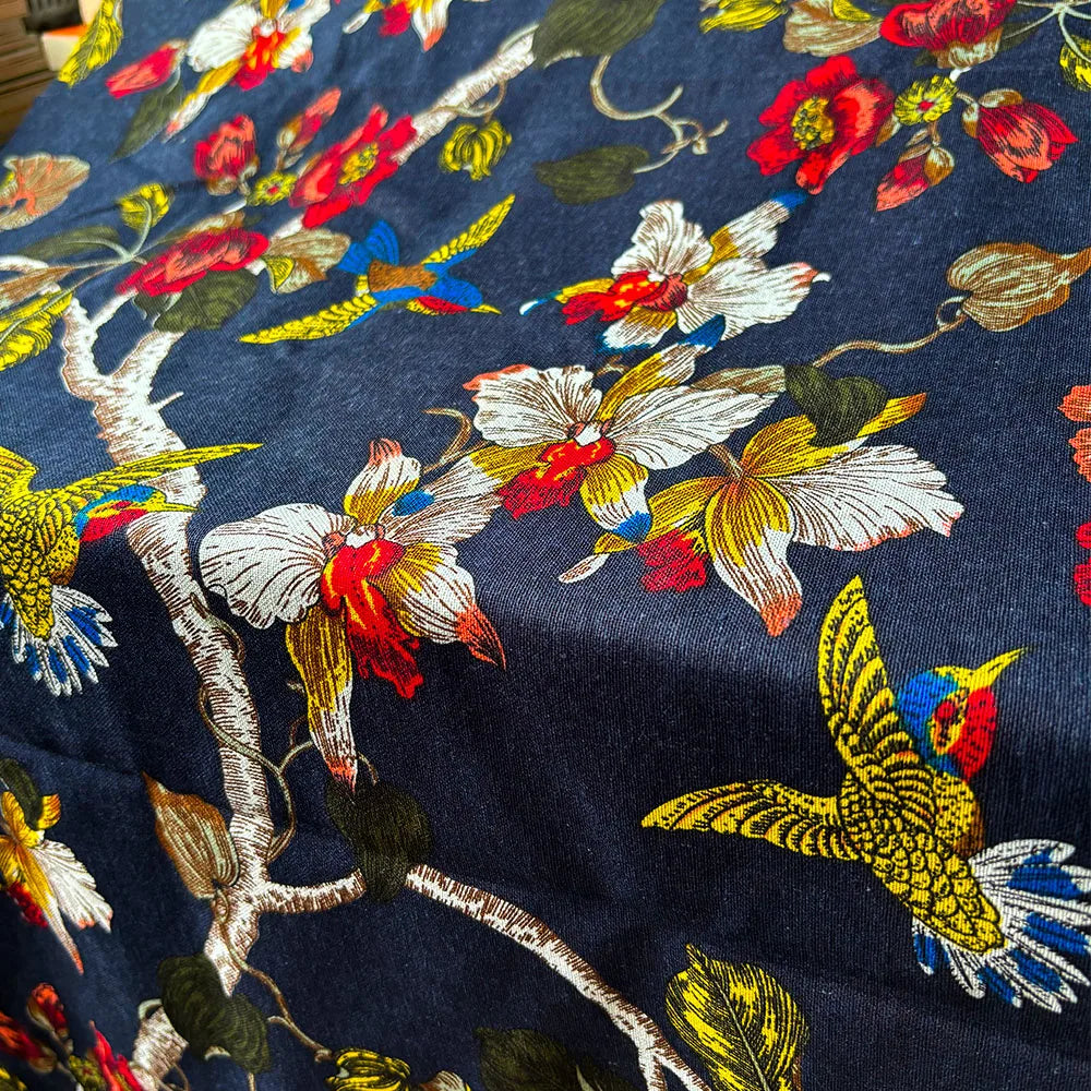 Floral & Bird Print Linen Cotton Fabric – 145cm Wide, Sold by 50cm – For Quilting, Upholstery, Bags & Home Décor