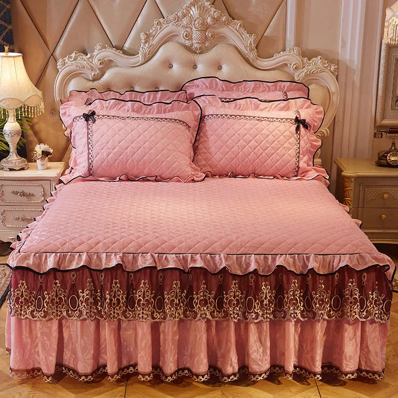 European Luxury Velvet Quilted Bedspread – Embossed Plush Bed Skirt | Queen & King Sizes