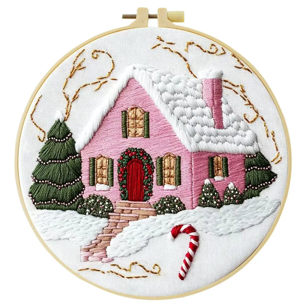 Pink House Embroidery Starter Kit – DIY Needle Art | 15x15cm or 20x20cm