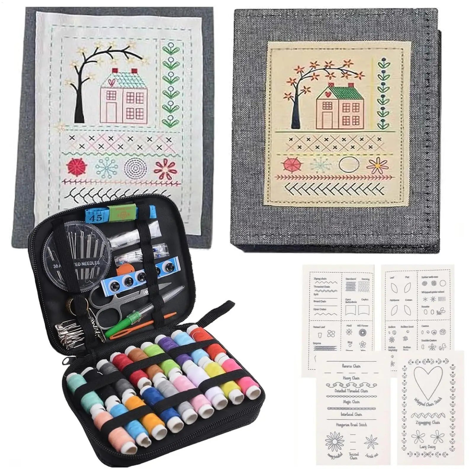 Chinese Style Embroidery Stitches Book Set – Hoop, 50-Color Threads & 10-Page Stitch Atlas