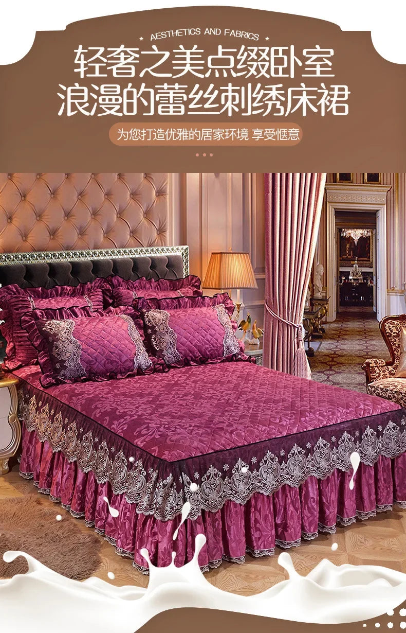 Lace Plush Quilted Bed Skirt – European Style Anti-Slip Mattress Cover | 45 cm Drop