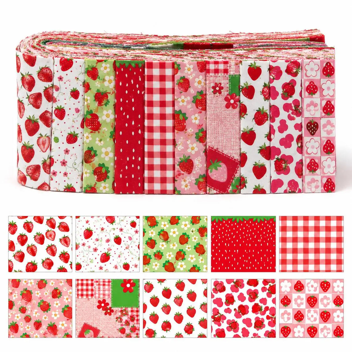 10 Pcs Strawberry Print Jelly Roll Fabric Strips – 2.5" Precut Quilting Bundle