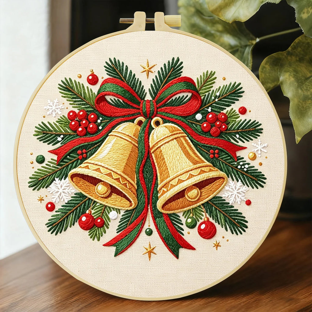Christmas Bells Embroidery Kit – Beginner Holiday Needlework | 20x20cm