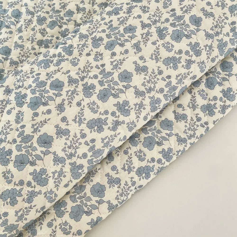 Forest Style Quilted Blue Floral Fabric – 53" Wide Soft Thick Outerwear Fabric, Sold by the Meter