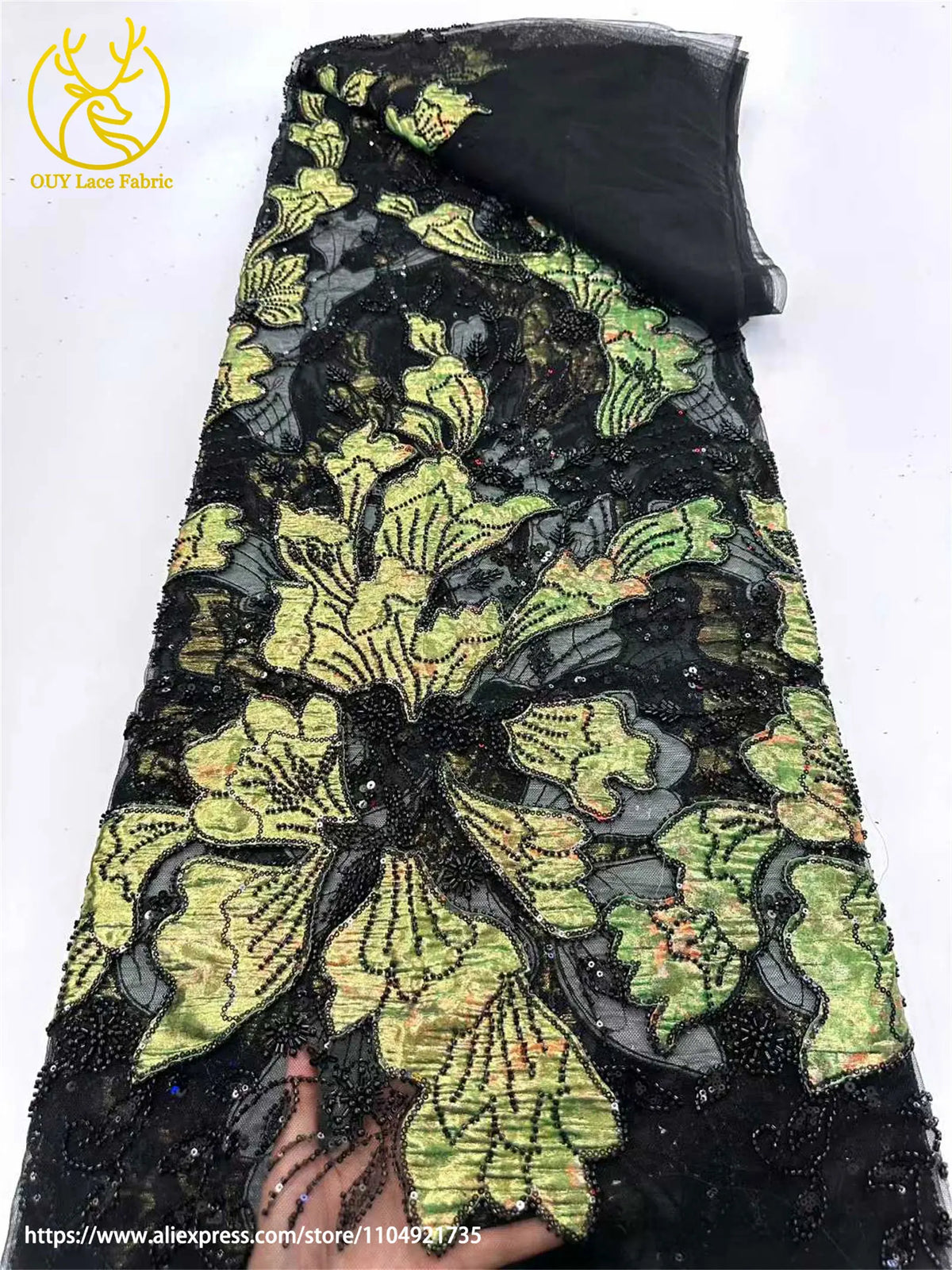 African Jacquard Beaded Embroidery Lace Fabric – Sequin Tulle, 120cm Wide, 5 Yards